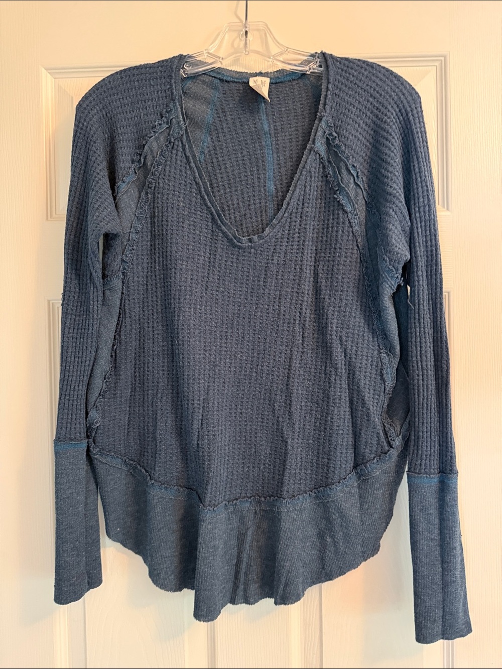 Free People Women's Blue Waffle Knit V-Neck Top